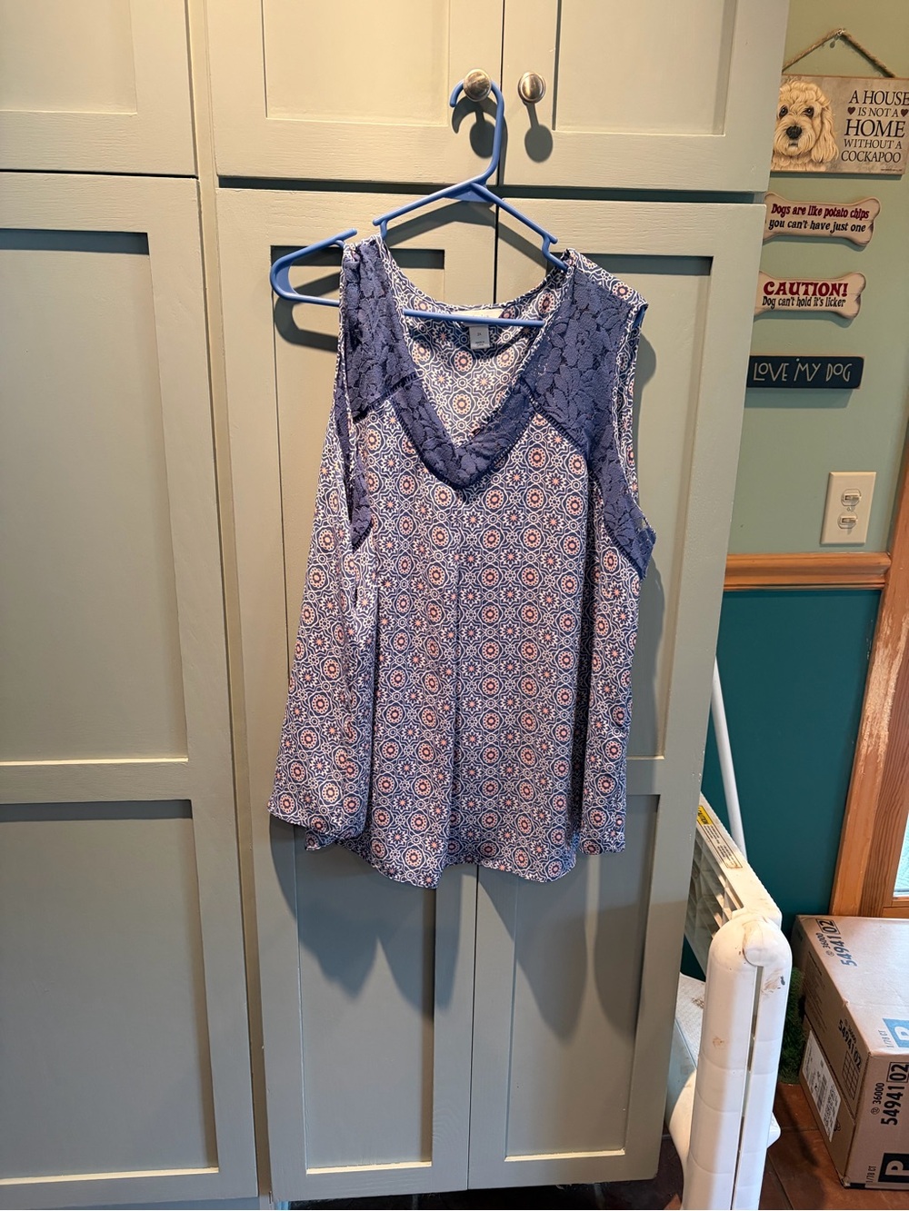 CJ Banks Blue Printed Lace-Trim Tank Top